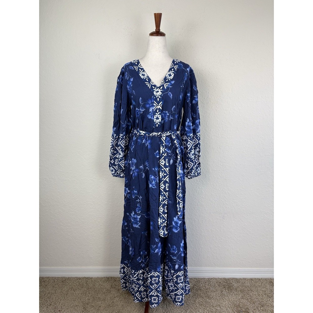 Celina Moon M Maxi Dress Blue Floral Peasant Tie Waist Long Sleeve Anthropologie